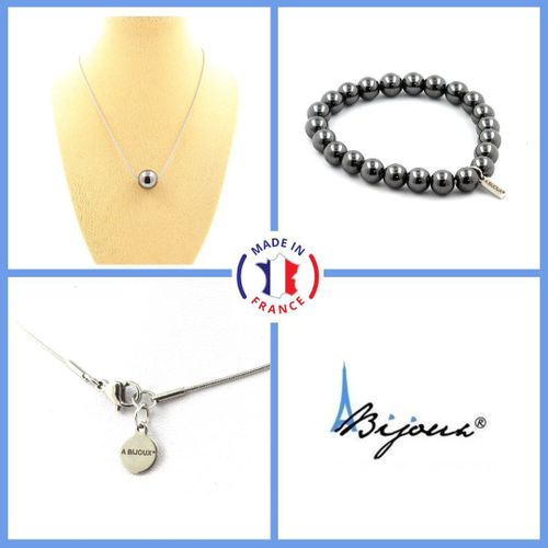Parure Bracelet Collier 1 Perle Hématite 8 Mm Chaine En Acier Taille Personnalisable.