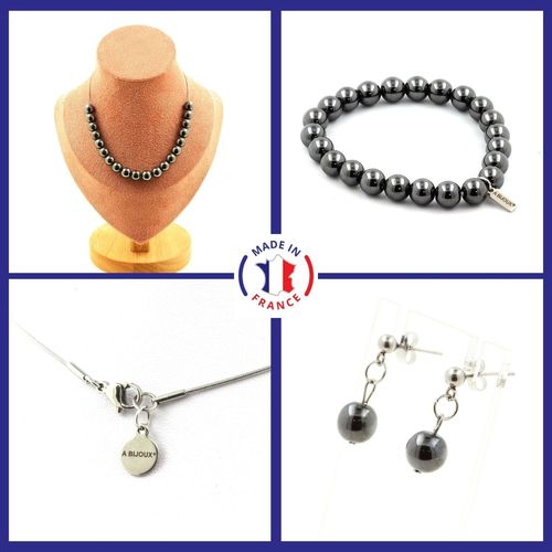 Parure Bracelet Collier Boucles D'oreilles Puces 20 Perles Hématite 8 Taille Personnalisable.
