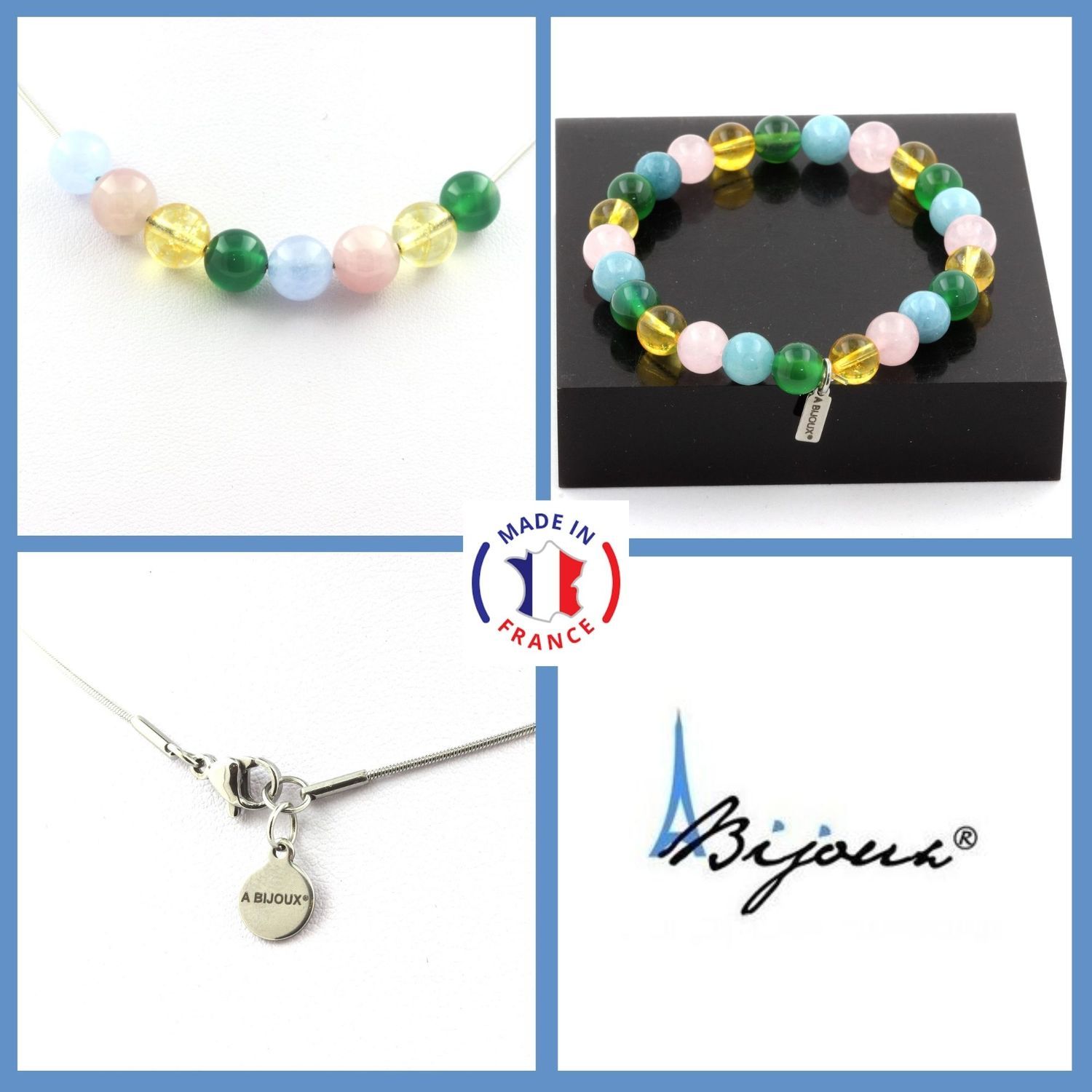 Parure Bracelet Collier Perles Aigue-Marine + Quartz Rose + Agate Taille Personnalisable.