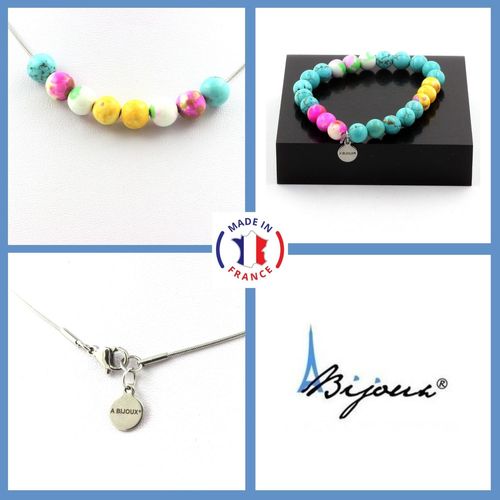 Parure Bracelet Collier Perles Jaspe Rose Jaune + Turquoise + Jaspe Taille Personnalisable.