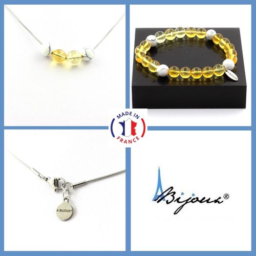 Parure Bracelet Collier Perles Citrine + Howlite 8 Mm. Chaine En Acier Taille Personnalisable.