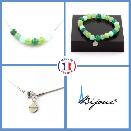 Parure Bracelet Collier Perles Agate Verte + Aventurine + Péridot + Taille Personnalisable.