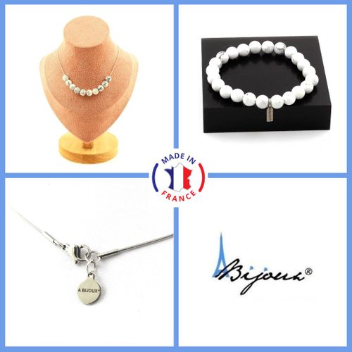 Parure Bracelet Collier 10 Perles Howlite 8 Mm. Chaine En Acier Taille Personnalisable.