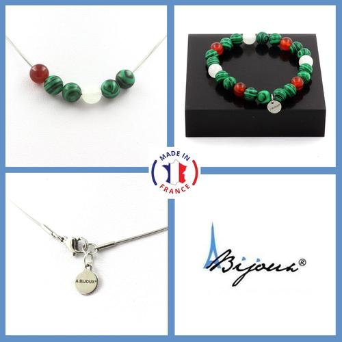 Parure Bracelet Collier Perles Pierre De Lune + Agate Rouge + Taille Personnalisable.