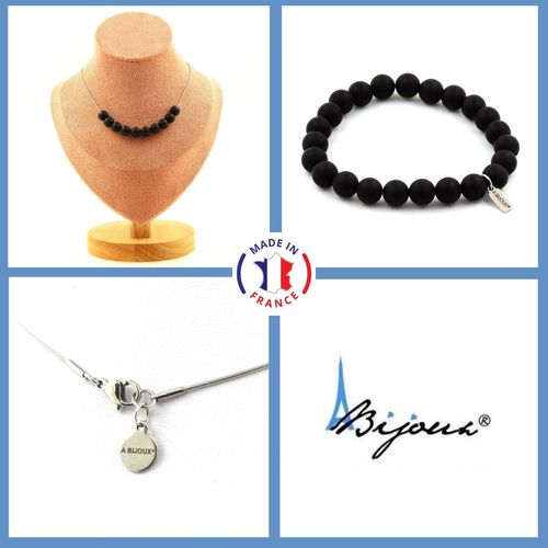 Parure Bracelet Collier 10 Perles Onyx Noir Mat 8 Mm. Chaine En Acier Taille Personnalisable.