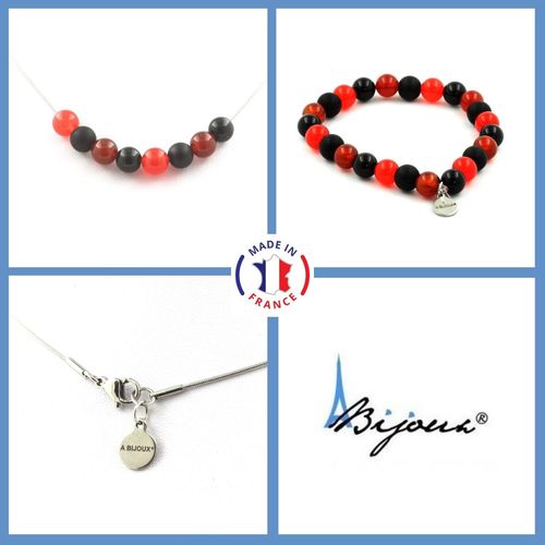 Parure Bracelet Collier Perles Agate Noire + Calcédoine Rouge + Agate Taille Personnalisable.