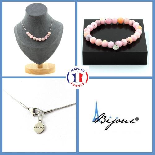 Parure Bracelet Collier 10 Perles Opale Rose 8 Mm. Chaine En Acier Taille Personnalisable.