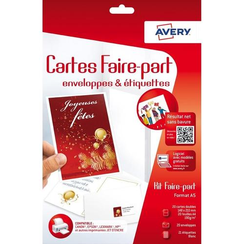 Avery 20 Faire-Parts & Invitation + Enveloppes A5, Blanches + Étiq Adresse