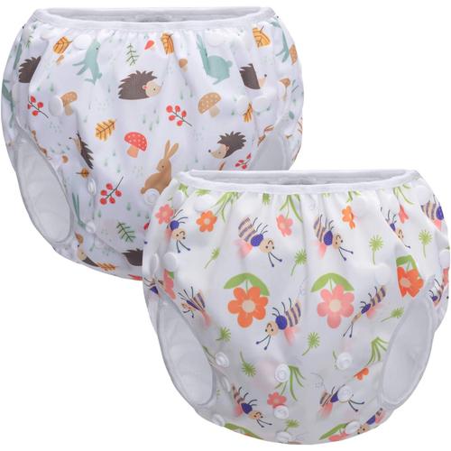 (2 Paquets) Maillot De Bain Ajustable, Couche De Bain Lavable Pour Bébé Jusqu¿À 3 Ans, Pour Garçons Et Filles, Hérisson + Abeille