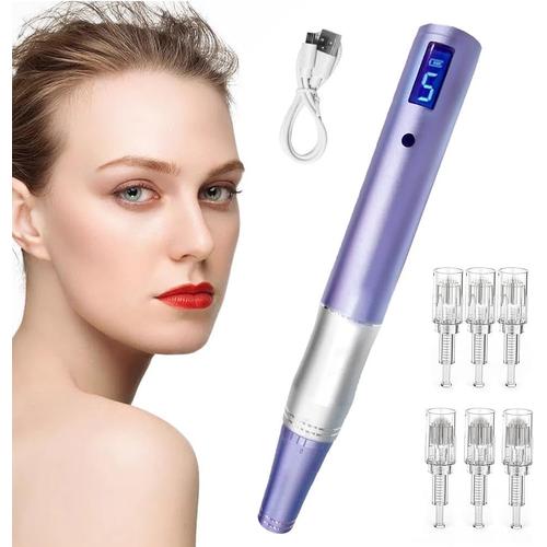 Dermapen Microneedling électrique,0-2,5 mm Réglable, Stylo électrique Microneedling avec 6 PCS Aiguilles,Professionnel Micro-aiguilles Pen pour rajeunissement de la peau du visage,anti-acné,anti-rides