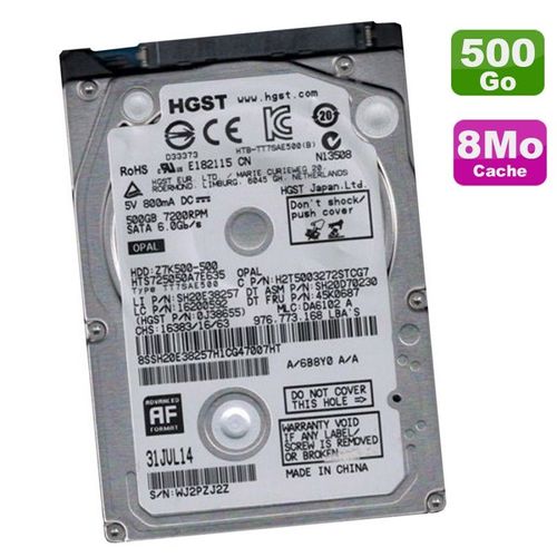 Disque Dur 500Go SATA 2.5" HGST HTS725050A7E635 SH20E38257 45K0687 0J38655 8Mo