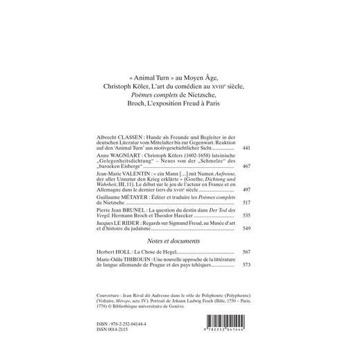 Études Germaniques - N°4/2018 - « Animal Turn » Au Moyen Âge, Christoph Köler, L?Art Du Comédien Au Xviiie Siècle, Poèmes Complets De Nietzsche, Broch, L?Exposition Freud À Paris