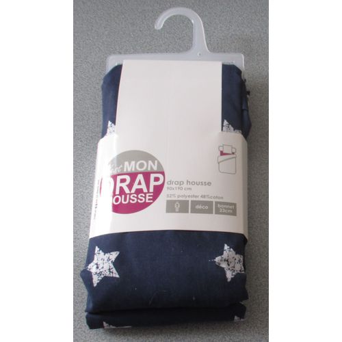 Drap Housse 90x190cm - 52%Polyester/48%Coton - Bleu Marine Parsemé D'étoiles Blanches - Bonnets 23cm - Broudehoux-Boisse- Jamais Utilisé