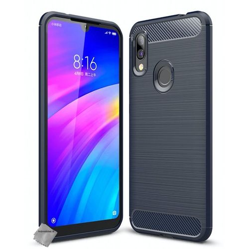 Housse Etui Coque Silicone Gel Carbone Pour Xiaomi Redmi 7 + Verre Trempe - Bleu Fonce