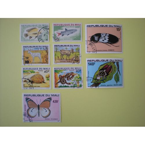 Lot De 9 Timbres Oblitérés - République Du Mali - Poissons, Caprins, Reptiles, Insectes Et Papillons