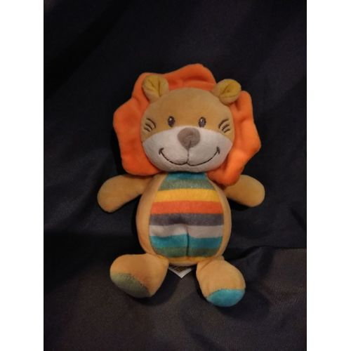 Doudou Peluche Lion Orange Jaune Vert Rayé Billes Tex Baby