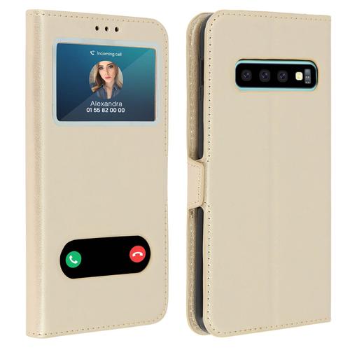 Etui Samsung Galaxy S10 Plus Housse Folio Double Fenêtre Fonction Support Doré