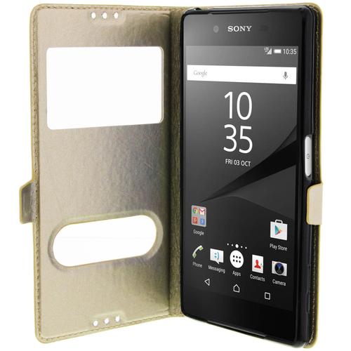 Housse Sony Xperia Z5 Etui Double Fenêtre Coque Silicone Gel - Doree