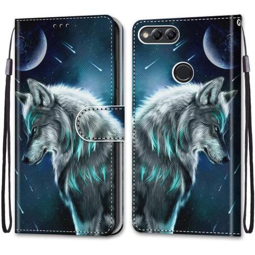 Etui En Pu Cuir Coque Pour Huawei Honor 7x Flip Folio Housse Magnétique Loup Modèle Étui A Rabat Portefeuille Antichoc Porte Carte Flip Stand Case Protective Cover Huawei Honor 7x