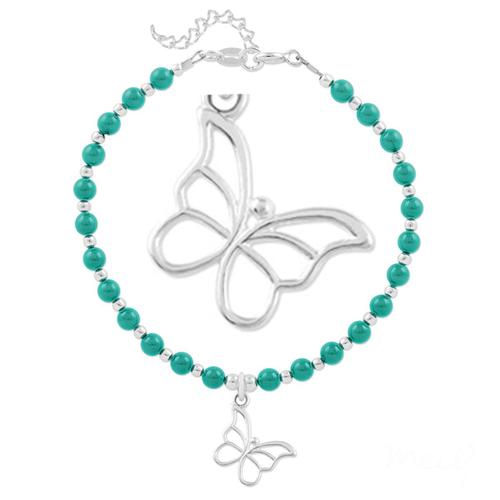 Lily-Crystal [Q4284] - Bracelet Argent Artisanal 'boho' Turquoise Argenté - Perles 4 Mm , Papillon 15x11 Mm