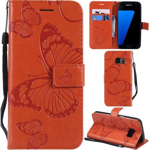 Samsung Galaxy S7 Coque Modèle 3d Papillon Prime Pu Cuir Flip Folio Housse Étui Cover Case Wallet Portefeuille Support Dragonne Fermeture Magnétique Pour Samsung Galaxy S7 - Orange