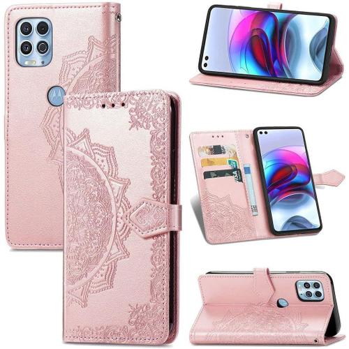 Coque Pour Motorola Moto G100 5g Edge S Mandala Gaufrage Pu Cuir Magnétique Flip Portefeuille Support Portecarte Housse Étui Avec Dragonne Pour Motorola Moto G100 5g Edge S Or Rose