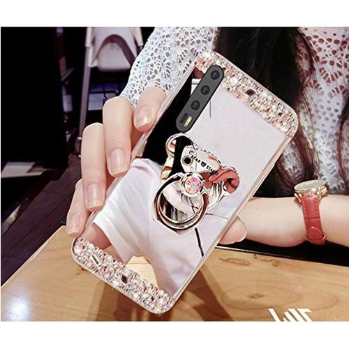 Huawei P20 Pro Coque Bling Diamant Paillettes Silicone Tpu Miroir Makeup Portefeuille Étui Housse Tpu Flex Soft Tpu Case Coque Housse Étui Pour Huawei P20 Prosilver Bear Mirror Tpu