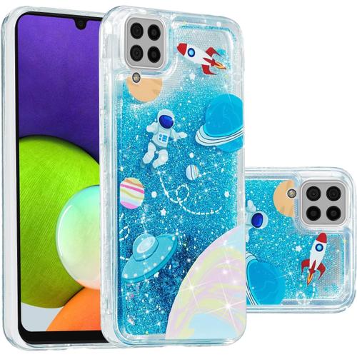 Coque Galaxy M32 4g Glitter Étui Transparente Étui Glitter Liquide Dynamic Paillettes Étui 3d Bling Housse Souple Silicone Back Case Pour Samsung Galaxy M32 4g 6.4"" Travel In Space