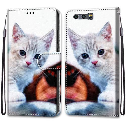 Coque Pour Huawei Honor 9 Portefeuille Etui À Rabat En Pu Cuir Avec Motif,Poche Porte-Cartes,Multi-Usage Peint Housse Cuir Case Magnétique Chat Blanc Protection Pour Huawei Honor 9