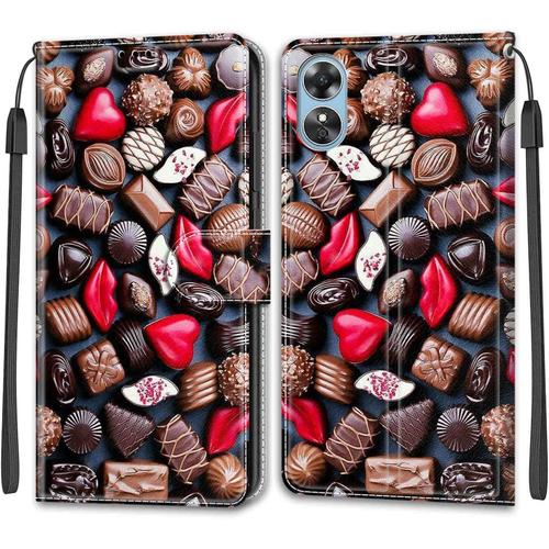 Etui Peints Pu Cuir Pour Oppo A17 Phone Covers Flip Folio Housse Magnétique Étui A Rabat Avec Carte Fente Portefeuille Stand Antichoc Porte Housse Phone Case Pour Oppo A17,Chocolat