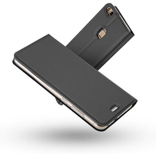 Coque Huawei P10 Lite,Ultra Mince En Cuir Pu Premium Housse A Rabat Portefeuille Coque Etui De Protection Bumper Folio A Clapet Avec Fente Pour Carte Pour Huawei P10 Lite Gris-Noir