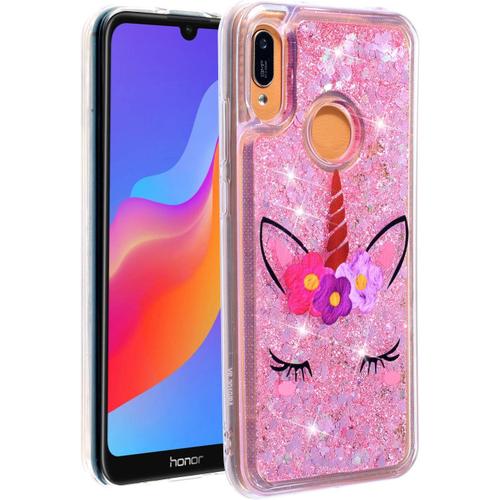 Étui Pour Honor 8a Coque Housse 3d Sables Mouvants Etui Housse Back Case Liquide Paillette Tpu Silicone Transparente Case Avec Unicorn Motif Chic Slim Anti Choc Bumper Pour Honor 8a