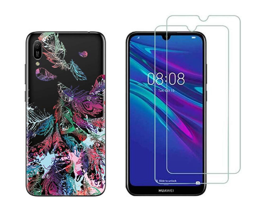 Coque Et Films Pour Huawei Y6 2019 - Coque Fantaisie Souple Solide Anti Choc + 2 Films Protection Écran Verre Trempé Résistant - Plumes