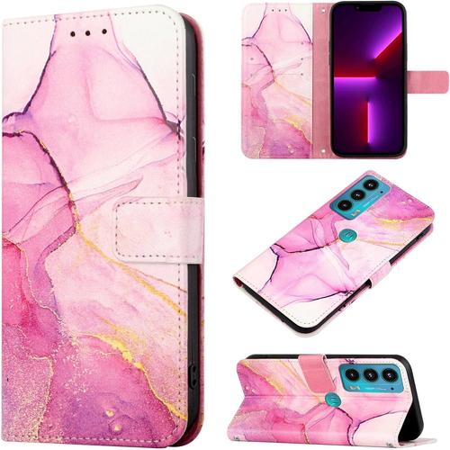 Coque Pu Cuir Pour Motorola Edge 20 Cover Flip Portefeuille Marbre Étui Magnétique Protecteur Folio Stand Support Carte Crédit Slot Dragonne Etui Impression Housse Pour Edge 20-Rose