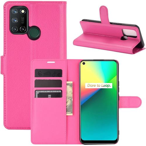 Coque Pour Realme 7i/Realme C17, Stand Pour Téléphone Portable/Avec Emplacements Pour Cartes De Crédit/Couvercle De Fermeture Magnétique,Pour Realme 7i/Realme C17 Housse Rouge Rose