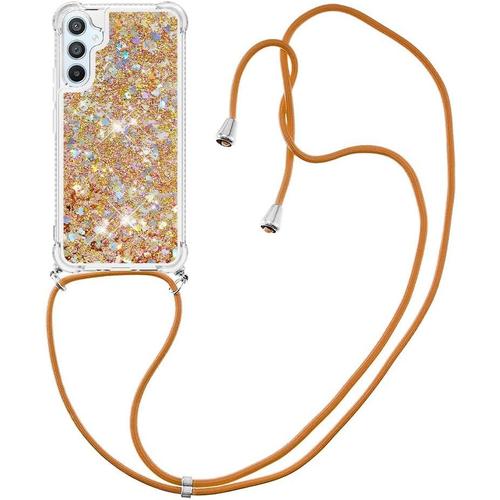 Coque Collier Pour Samsung Galaxy A54 5g, Ultra Mince Liquide Paillette Silicone Tpu Housse Étui De Téléphone Avec Cordon Collier Tour De Cou Lanière Coque Pour Samsung A54 5g, D'or