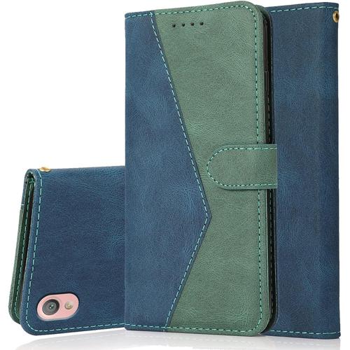 Coque Pour Sony Xperia L1, Housse Étui En Pu Cuir Portefeuille Antichoc Étui À Rabat Clapet Protection Magnétique Flip Cover Wallet Case Avec Carte Fentes, Fonction Stand Bleu Vert