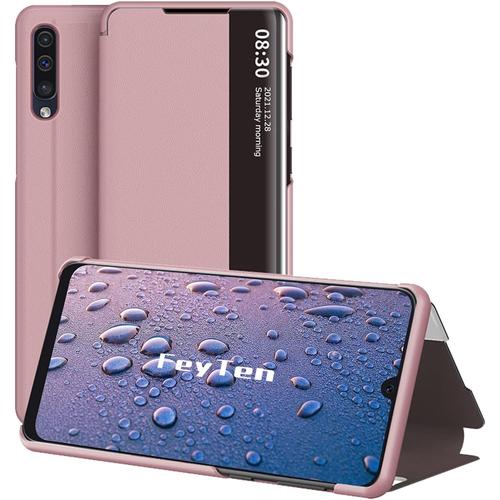 Coque Pour Samsung Galaxy A50 Avec Verre Trempé, Clear View Magnetique Étui À Rabat Étui Full Body Protecteur Housse Antichoc Anti Rayure Flip Folio Stand Support Case Cover Or Rose