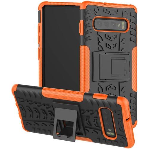 Samsung Galaxy S10 Plus Coque Pc+Tpu Modèle De Pneu Hybride Impact Armure Avec Kickstand Antichoc Lourd Duty Étui En Silicone Dur Pour Samsung Galaxy S10 Plus Orange Tire Pattern Jx.