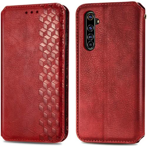 Coque Pour Oppo Realme X50 Pro, Antichoc Housse Étui En Cuir Flip Case Portefeuille Avec Motif Losange 3d Porte Carte Adsorption Magnétique Compatible Avec Oppo Realme X50 Pro, Rouge