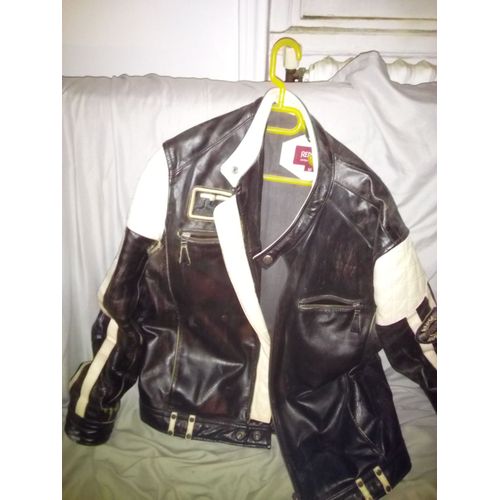 Blouson Cuir Redskins Noir À Bandes Blanches Style Motard