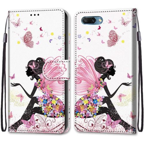 Etui En Pu 360 Protection Full Cuir Pour Huawei Honor 10 Coque Flip Case Housse À Rabat Portefeuille Étui Et Silicone Interne Cover Anti Choc Poche Motif Ange Fleur Protection Bumper