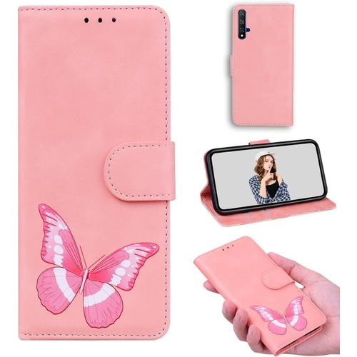 Coque Cuir Pour Huawei Nova 5t/Honor 20 Étui Flip Stand Wallet Cover Butterfly Skin Friendly Pu Cuir Folio Tpu Coque Intérieure Fente Pour Carte Case Pour Huawei Nova 5t/Honor 20 Rose