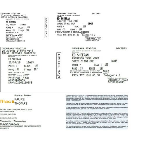 2 Billets Ed Sheeran Samedi 25/05 18h00
