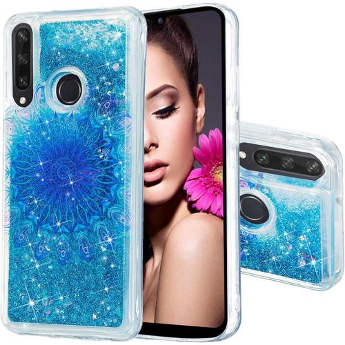 Liquide Coque Huawei Y6p Glitter Étui Magnifique Shiny Bleu Paillettes Sables Mouvants Transparente Arrière Housse Amour Style Cute Lovely Dynamique Flowing Phone Case Fleur Du Soleil