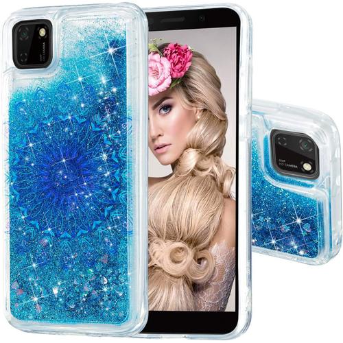 Liquide Coque Huawei Y5p Glitter Étui Magnifique Shiny Bleu Paillettes Sables Mouvants Transparente Arrière Housse Amour Style Cute Lovely Dynamique Flowing Phone Case Fleur Du Soleil