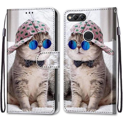 Etui En Pu 360 Protection Full Cuir Pour Honor 7x 5.93 Coque Flip Case Housse À Rabat Portefeuille Étui Et Silicone Interne Cover Anti Choc Poche Motif Chat À Lunettes Bleu Protection