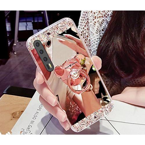 Huawei P20 Pro Coque Bling Diamant Paillettes Silicone Tpu Miroir Makeup Portefeuille Étui Housse Tpu Flex Soft Tpu Case Coque Housse Étui Pour Huawei P20 Prorose Gold Bear Mirror Tpu