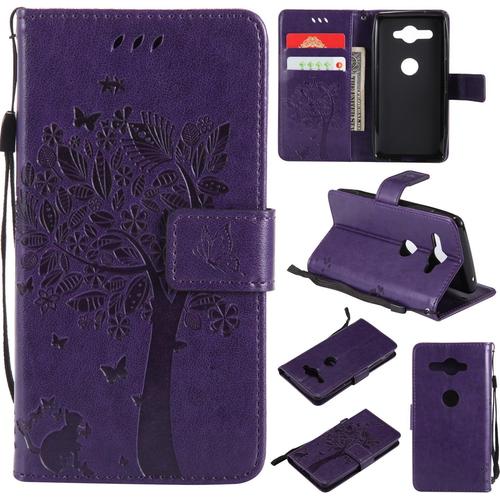 Coque Sony Xperia Xz2 Compact Flip Portefeuille Étui En Cuir Arbre Chat Et Papillon Housse De Protection Avec Emplacements Pour Cartes Et Fonction Support Pour Sony Xperia Xz2 Compact