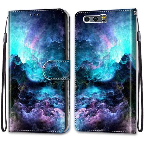 Etui En Pu 360 Protection Full Cuir Pour Huawei Honor 9 Coque Flip Case Housse À Rabat Portefeuille Étui Et Silicone Interne Cover Anti Choc Poche Motif Nuage Coloré Protection Bumper